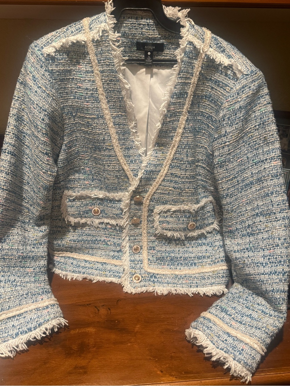 Aqua Light Blue and White Tweed Fringed Cropped Blazer